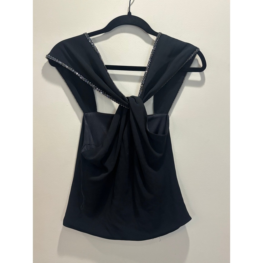 NWT Jackie Rogers Silk Blk Sleeveless‎ Rhinestone Trim Twist Front Party Top Vtg